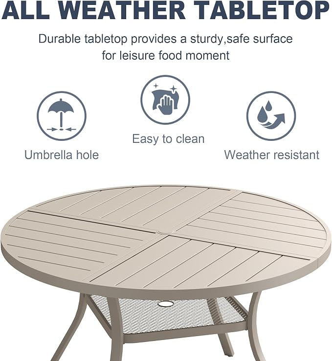 VICLLAX 47.2" Round Patio Dining Table for 4-6, All Weather Metal Outdoor Table with 1.57" Umbrella Hole and Storage Shelf for Garden Lawn Deck, Sandshell