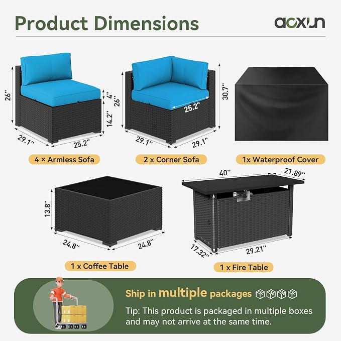 Aoxun 8 Piece Patio Furniture Set with 44” Fire Pit Table, Wicker Rattan Patio Sectional Sofa, Outdoor Furniture Set with Thickened Cushion, Peacock Blue