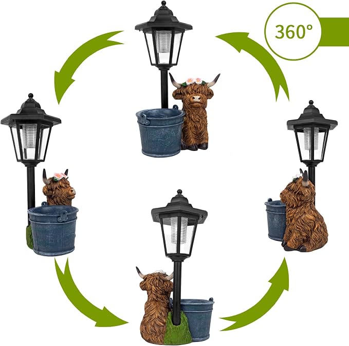 Solar Highland Cow Outdoor Statue, Garden Decor with Flowerpot & Lantern | Highland Cow Figurines for Yard Art Lawn Ornaments Porch Patio Balcony - Gifts for Women Mom Grandma
