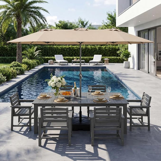 7-Piece Outdoor Dining Set with 15FT Umbrella for 6,Gray | 75.2'' HDPE table, chairs included, weather-resistant furniture with hole, ideal for lawn, poolside, yard, garden, deck