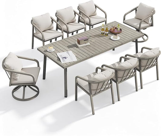 9-Piece Outdoor Dining Set, Never-Rust Aluminum Patio Dining Set with 2 Swivel Chairs, Patio Table and Chairs Set with Washable Cushions, Outdoor Furniture Set for Deck, Backyard, Gray Oak