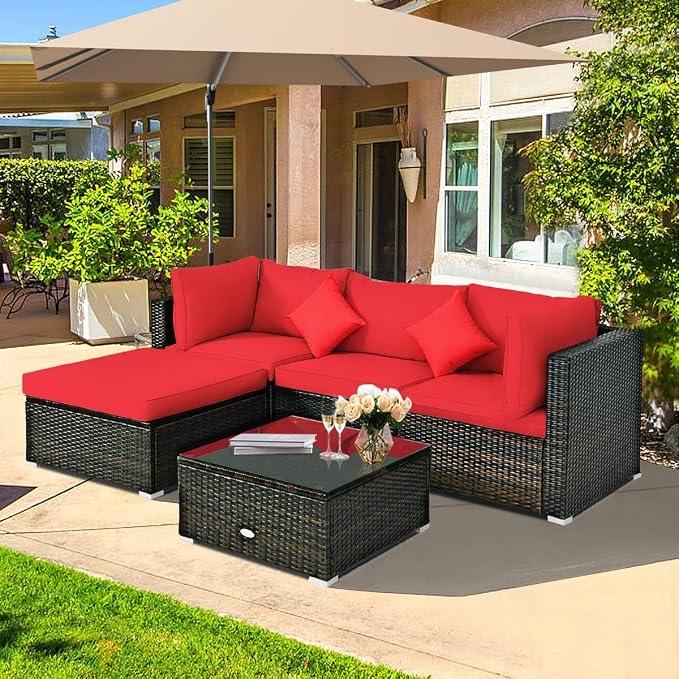 HAPPYGRILL 5 Pieces Patio Conversation Set, Outdoor Rattan Wicker Furniture Set, Sectional Sofa Ottoman Set with Coffee Table, Cushion, Pillow for Garden Lawn Balcony Backyard