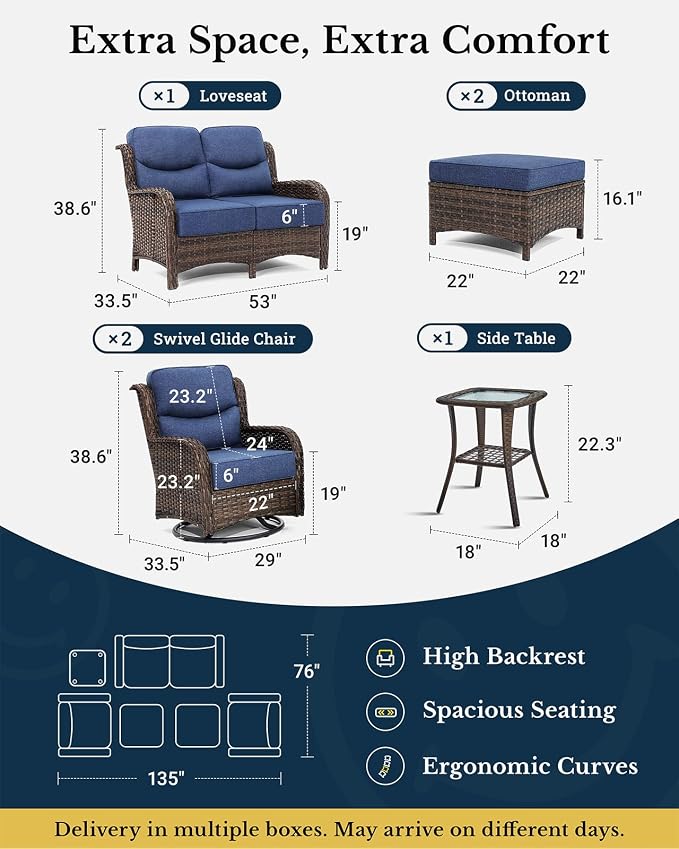 HILLGA 6-Piece Luxury Patio Furniture Set with 6" Thick Cushions, Weather-Resistant Wicker High Back Swivel Rocker Chairs, Senior-Friendly Outdoor Loveseat Set for Deck, Yard and Poolside, Blue(V2)