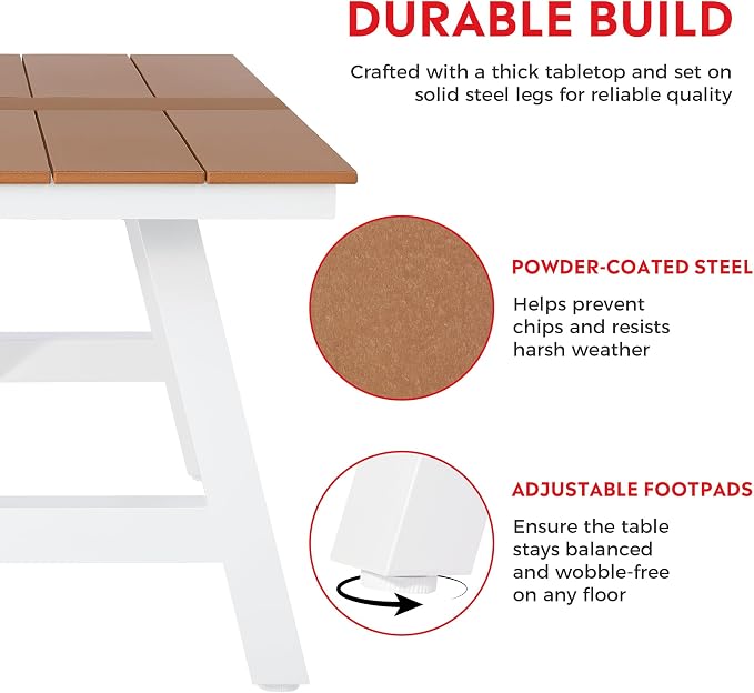 Costaelm Outdoor Dining Tables for Patio, 72" Rectangle 6-Person HDPE Dining Table with Umbrella Hole and Metal Frame for Outside, Garden, Poolside, Backyard, Porch, Balcony, Teak