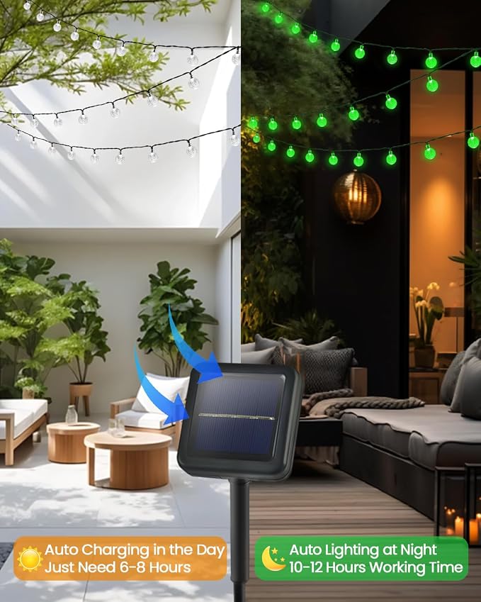 LORRYTE Solar String Lights Outdoor 2 Pack 64FT 100 LED Green Patio Lights | Crystal Globe, IP65 Waterproof, Auto On/Off, 8 Modes Solar Powered Light for Outside Halloween Party Garden Yard Decorations