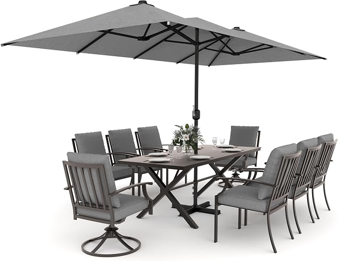 Gotland 9 Piece Outdoor Dining Table and Chairs for 8 with 14Ft Double-Sided Umbrella, Rectangular Patio Dining Table with Umbrella Hole with 2 Swivel Rocking Dining Chairs Outdoor Patio Set