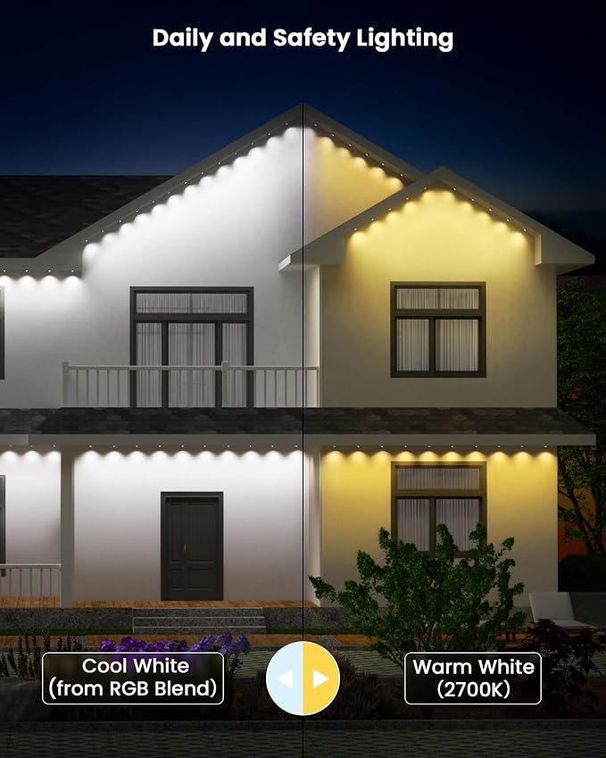 Gefolly Permanent Outdoor Lights Pro, 100ft, 60 RGBW Light, 111 Scene Modes | Double-LED for Daily, Halloween, Christmas, IP67 Waterproof for Outdoor Decor, Works with Alexa, Google Assistant, White