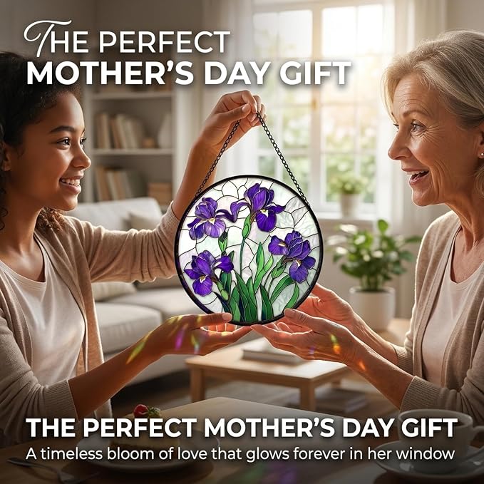 Birthday Gifts for Women - Purple Iris Faux Stained Glass Window Hanging Sun Catcher for Door Garden Acrylic Flower Decor Mother's Day Christmas for Mom Nana Friend Grandma Wife 7.8"
