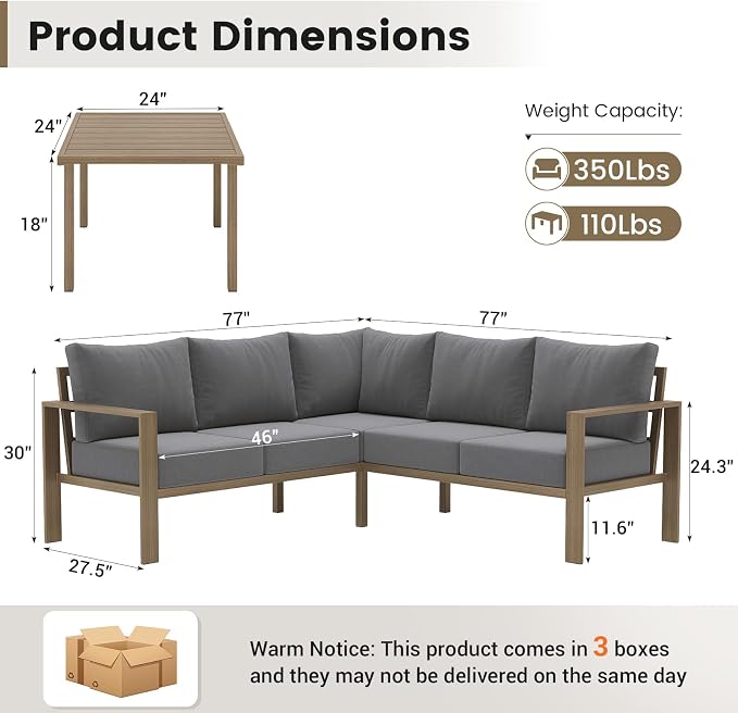 UDPATIO 6 Piece Patio Furniture Set, Metal Outdoor Sectional Sofa with 6" Thick Olefin Cushions, Wide Armrest & Coffee Table, L Shaped Outdoor Furniture for Garden, Backyard, Faux Wood Grain & Grey