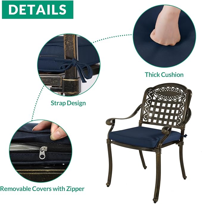 VIVIJASON 7-Piece Patio Furniture Dining Set, All-Weather Cast Aluminum Outdoor Conversation Set, Include 6 Cushioned Chairs and a Rectangle Table with Umbrella Hole, Navy Blue Cushion