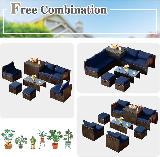 Tangkula 8-Piece Patio Wicker Furniture Set, Patiojoy Outdoor PE Rattan Conversation Set with Storage Box, Tempered Glass Table, 2 Ottomans, 2 Armless Sofas and 2 Corner Sofas, 2 Cushion Covers Set