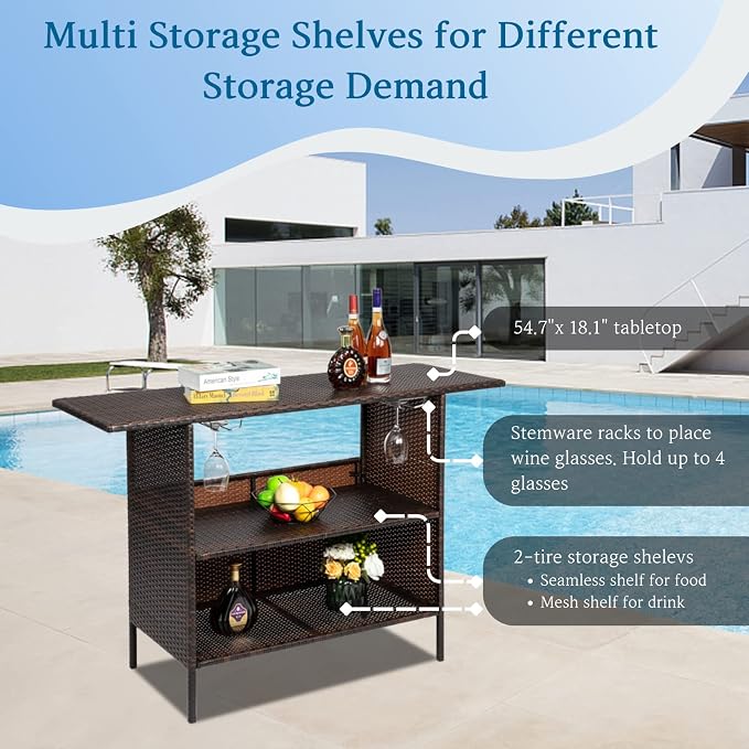 Outvita Outdoor Bar Counter Table, Patio Wicker bar Table with 2 Layer Shelves and Wine Racks for Poolside, Backyard, Garden, Porches Brown