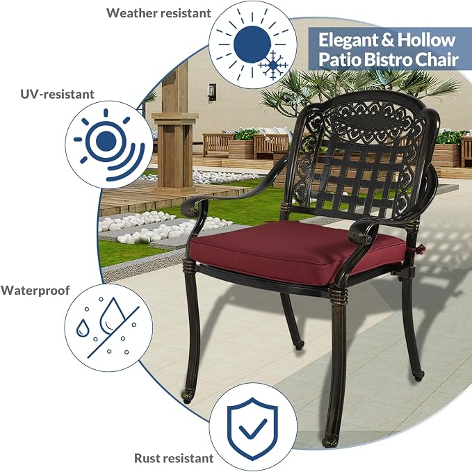 5-Piece Outdoor Patio Dining Set, All-Weather Cast Aluminum Furniture Conversation Set, Include 4 Cushioned Chairs and a 38.5” Round Table with Umbrella Hole for Balcony, Lawn, Red