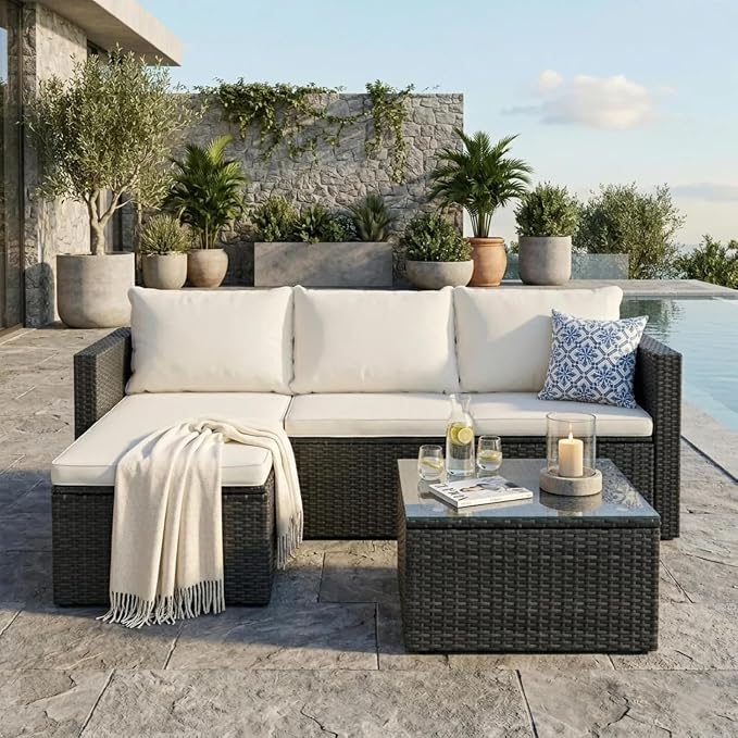JAMFLY Beige 3-Piece Patio Furniture with Glass Coffee Table for Balcony | All-Weather PE Wicker, Thick Washable Cushions, Modular Conversation Seating for Porch, Deck & Garden