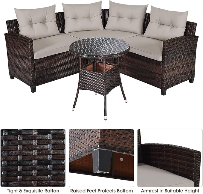 COSTWAY 4-Piece Patio Furniture Set, Wicker Rattan Sofa with Cushions and Coffee Table, Outdoor Sectional Conversation Sofa Set for Poolside Backyard Lawn Backyard (Grey)