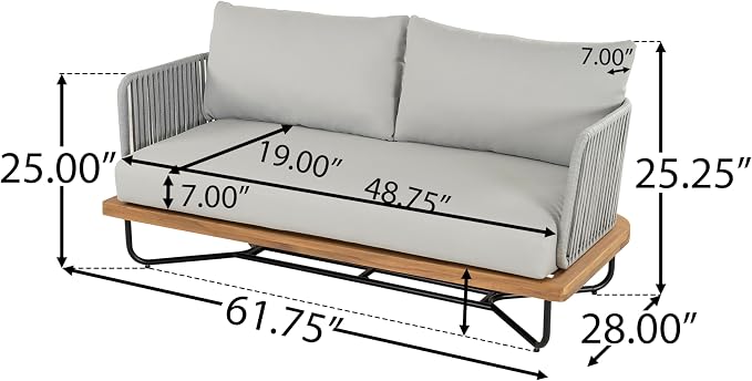 Christopher Knight Home 3-Piece Patio Furniture Set, Acacia Wood Outdoor Sectional Sofa with Rope Woven & Cushions, 4-Seat Sofa, Loveseat and Coffee Table, Outdoor Conversation Set, Light Grey+Teak