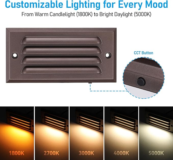 LEONLITE 12-Pack 5CCT 6 Inch Low Voltage LED Step Lights Outdoor | Horizontal Louvered Stair Lights, 12–24V AC/DC, IP65 Waterproof, 1800/2700/3000/4000/5000K, ETL, Aluminum, Oil Rubbed Bronze