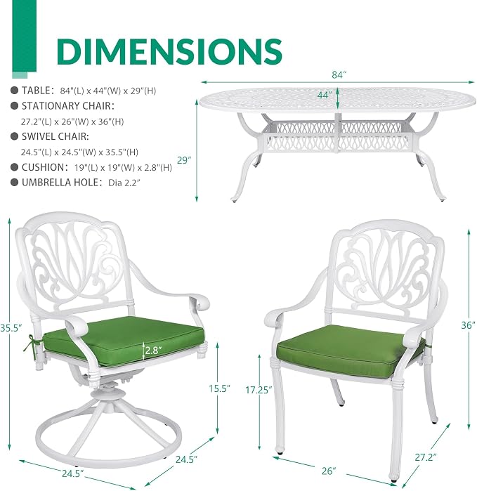 VIVIJASON 9-Piece Outdoor Furniture Dining Set, All-Weather Cast Aluminum Patio Conversation Set Include 6 Stationary Chairs, 2 Swivel Dining Chairs, Oval Table with Umbrella Hole(White/Green Cushion