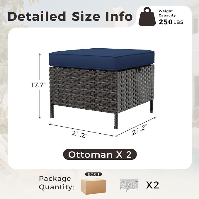 Wicker Ottomans with Cushions, Patio PE Rattan Furniture Set with Weather-Resistant Cushions for Porch, Backyard, Deck, Sunroom (Navy Blue)