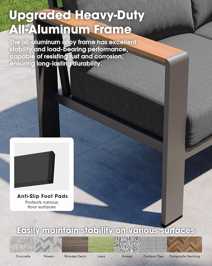 Aluminum Outdoor Patio Furniture Set, 8 Seats Patio Conversation Sets, Oversized Outdoor Sectional with Washable Thick Cushions & Coffee Table for Backyard, Garden and Poolside, Graphite