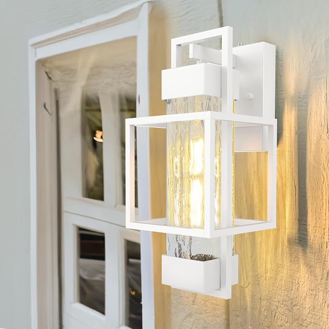 Modern Outdoor Wall Porch Lights 2 Pack, 15" Exterior Sconce Waterproof Dusk to Dawn Lighting, White