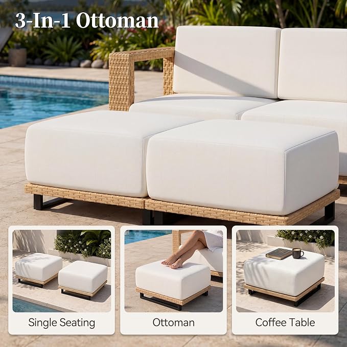 LazySunsets Patio Furniture Set, 6 Pieces Wicker Outdoor Sectional Sofa with 10'' Ultra-Thick Cushions & Ottomans, All-Weather Rattan Conversation Set for Backyard Poolside, Yellow/Beige