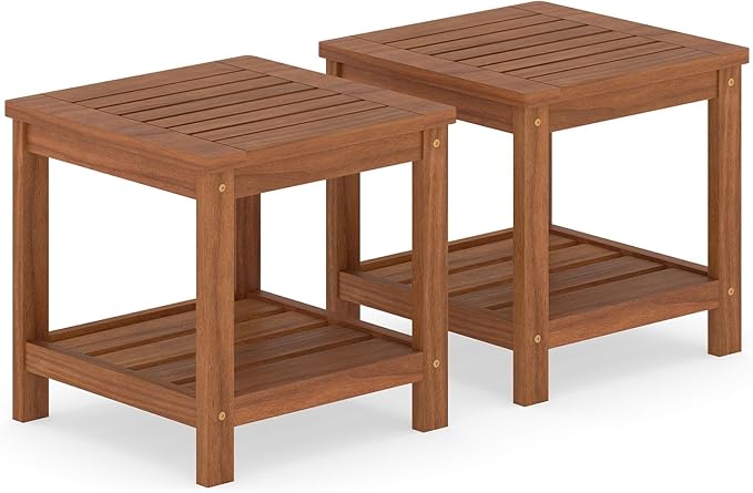 2 Pieces Adirondack Side Table, 2-Tier Square Wood Patio End Tables with Slatted Tabletop Storage Shelf, Accent Small Side Table Indoor Outdoor for Garden, Backyard, Porch & Living Room