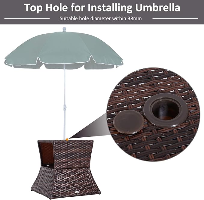 Outsunny Outdoor Side Table with Umbrella Hole, 2 Tier Rattan Wicker End Table with Storage Shelf, All Weather for Patio, Garden, Backyard, Mixed Brown