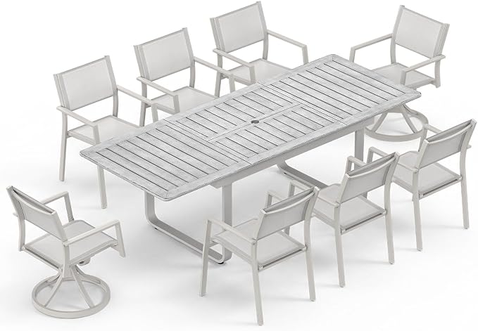 9 Pieces Extendable Outdoor Dining Table Set, Aluminum Patio Dining Set with Swivel Chairs, Expandable Outdoor Dining Table and 6 Stackable Textilene Dining Chairs for Deck, Balcony, Yard