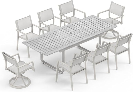 9 Pieces Extendable Outdoor Dining Table Set, Aluminum Patio Dining Set with Swivel Chairs, Expandable Outdoor Dining Table and 6 Stackable Textilene Dining Chairs for Deck, Balcony, Yard