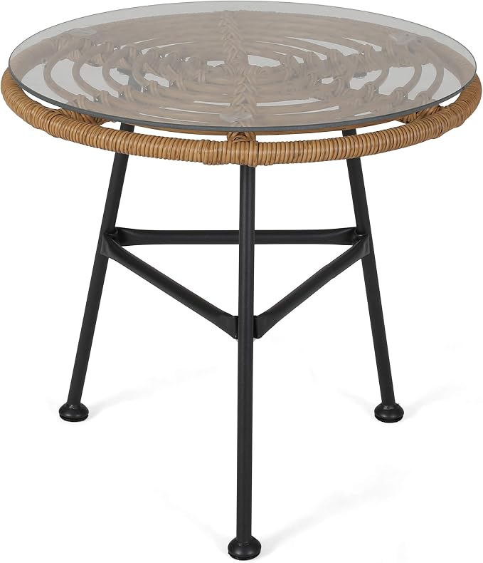 Great Deal Furniture Rodney Outdoor Woven Faux Rattan Side Table with Glass Top, Light Brown and Beige Finish (309168)