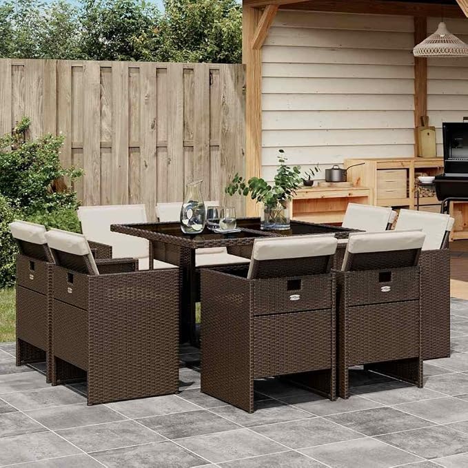 9 Piece Patio Dining Set with Cushions Brown Poly Rattan Outdoor Furniture Table Chairs for Garden Backyard Deck, Folding Chairs with Washable Cushions, Tempered Glass Table, 8 Seats