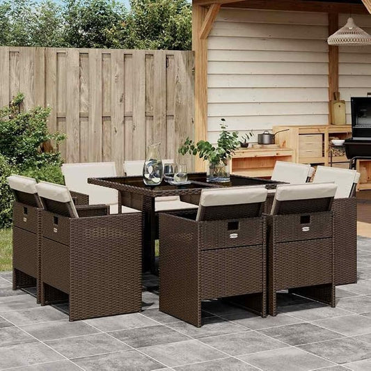 9 Piece Patio Dining Set with Cushions Brown Poly Rattan Outdoor Furniture Table Chairs for Garden Backyard Deck, Folding Chairs with Washable Cushions, Tempered Glass Table, 8 Seats