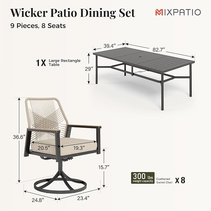 MIXPATIO 9 Pieces Outdoor Patio Dining Set, Wicker Patio Table and Chairs Set of 8, Swivel Wicker Chairs with 3.2" Cushion and 83"x40" Rectangular Table with Umbrella Hole for Yard, Porch, Beige