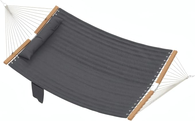 Penau Double Hammock, Quilted Patio Lounger, Gray Wood | Quilted Cotton Padding, Two-Person Lounging, Adjustable Pillow, Built-In Pocket, Balcony Patio Use