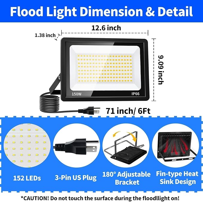 2 Pack 150W LED Flood Light, IP66 Waterproof | 24000LM, 5000K Daylight White, Plug in with 6ft Cord, Outdoor Exterior Lighting, for Yard, Garage, Patio, Backyard, Stadium