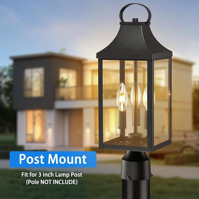 18.62 Post Light Outdoor, Large 3-Light Lamp Post Light Fixture, Black | Modern Pillar Outside Lighting Waterproof Post Lantern Lamp Outdoor Post Light Fixtures Pole Lights for Porch, 1 Pack