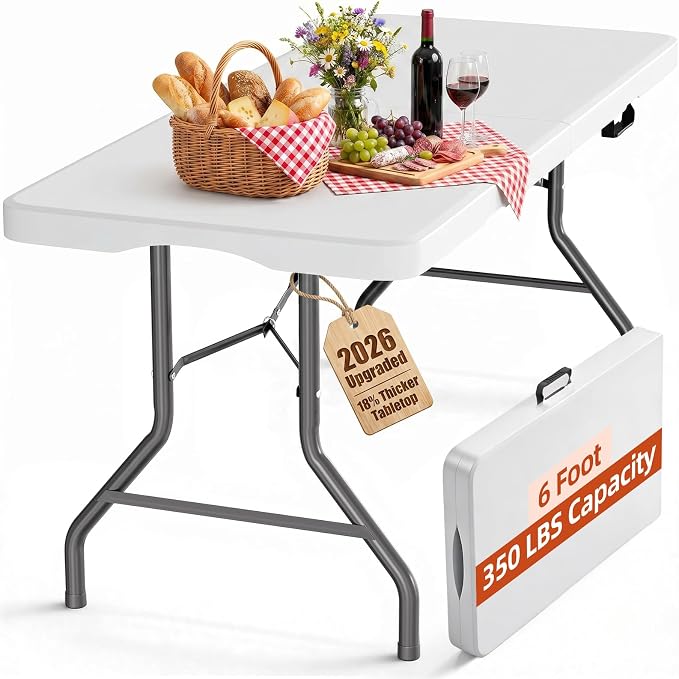 Fenbeli 6FT Folding Table, 350 LBS Heavy Duty Foldable Table with 18% Thicker HDPE Waterproof Top, Fold in Half Portable Table with Handle, Steel Frame for Indoor Outdoor Party Events