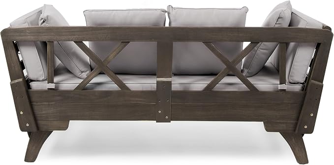 Merax Outdoor Patio Daybed Sofa,3-Seat Sofa with Foldable Arm 4 Back Pillows,Teak Acacia Wood Frame Beige Removable Cushion,Grey
