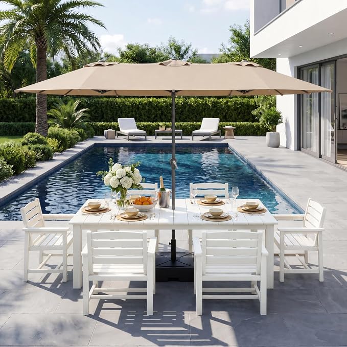 7-Piece Outdoor Dining Set with 15FT Umbrella for 6,White | 75.2'' HDPE table, chairs included, weather-resistant furniture with hole, ideal for lawn, poolside, yard, garden, deck