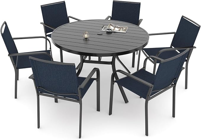 Anmutig 7-Piece Outdoor Dining Set, 48'' Round Table with 6 Stackable Chairs All Weather Furniture Set - Navy