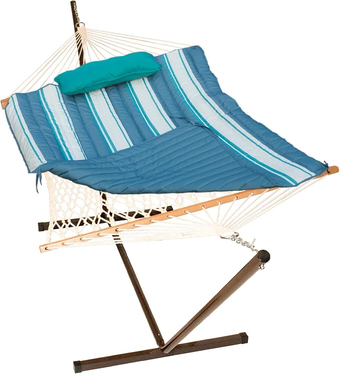 12 Foot Steel Hammock Frame with Cotton Rope Hammock, Quilted Hammock Pad, and Pillow