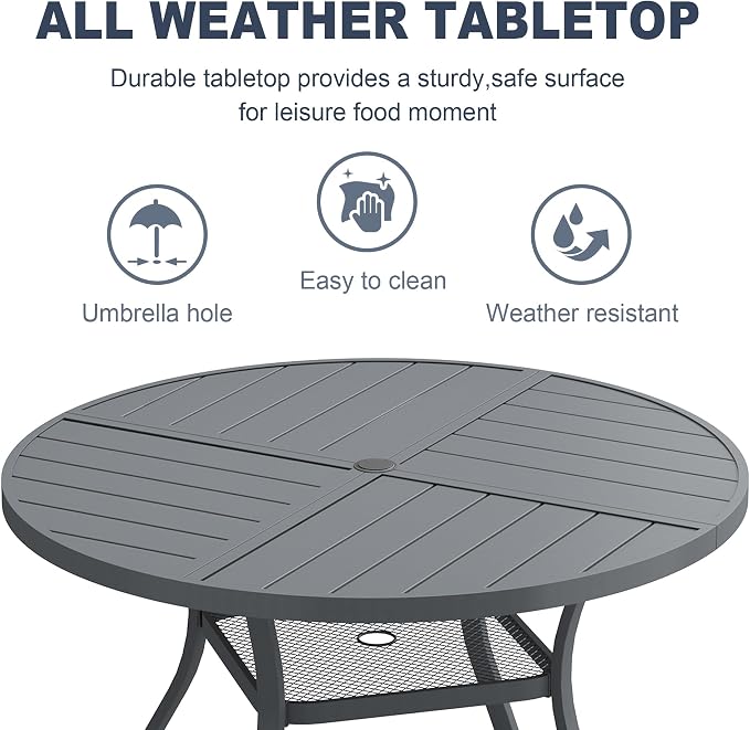 VICLLAX 47.2" Round Patio Dining Table for 4-6, All Weather Metal Outdoor Table with 1.57" Umbrella Hole and Storage Shelf for Garden Lawn Deck, Dark Grey