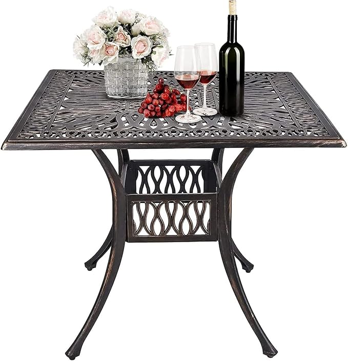 35.4" Square Patio Dinning Table, Outdoor Weather Resistant Cast Aluminum Conversation Table with 2.2" Umbrella Hole, Bronze