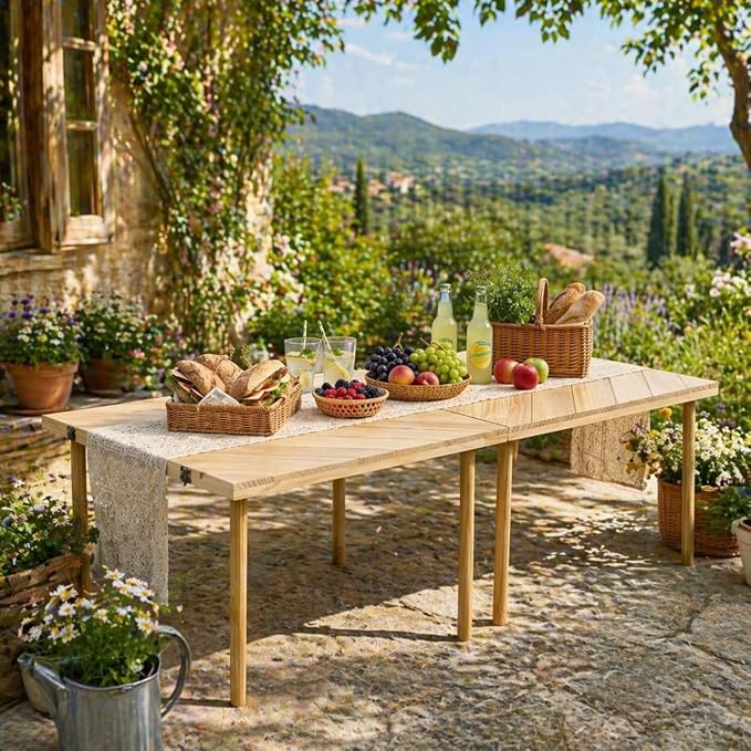 Folding Wood Picnic Table, Natural Pine, Portable with Carry Handle, Outdoor Dining