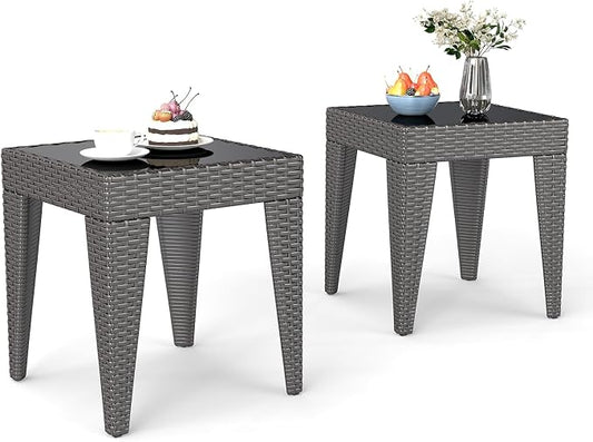 Kinfant Rattan Patio Side Table - Set of 2 Modern Wicker End Table, PE Coffee Table with Glass Top, Weather-Resistant Patio Furniture for Patio, Balcony, Garden, and Poolside (2, Rattan Black)