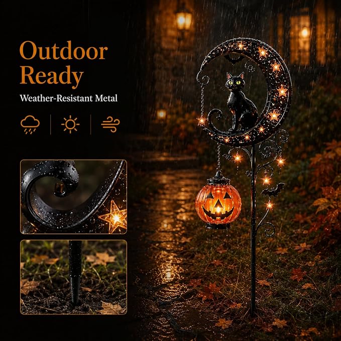 Solar Halloween Black Cat & Pumpkin Moon Garden Stake Light, Outdoor Waterproof LED Yard Decoration with Crescent Moon, Hanging Jack-o'-Lantern Lantern for Garden, Patio, Walkway, Porch(Style B)