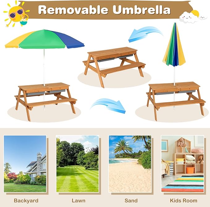 KOTEK Kids Picnic Table, 4 in 1 Sand and Water Table w/Detachable Tabletop, 2 Removable Play Boxes, Foldable & Height Adjustable Umbrella, Wood Sensory Table and Bench for Outdoors, Indoors (Colorful)
