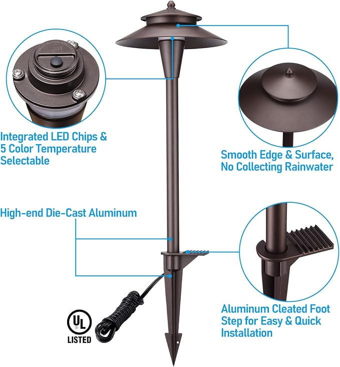 LEONLITE 6-Pack 5CCT Low Voltage LED Pathway Lights, Double Layer Head | 12-24V AC/DC, IP65, Landscape Path Lights, for Walkway Yard Garden, 1800/2700/3000/4000/5000K, Oil Rubbed Bronze, Aluminum