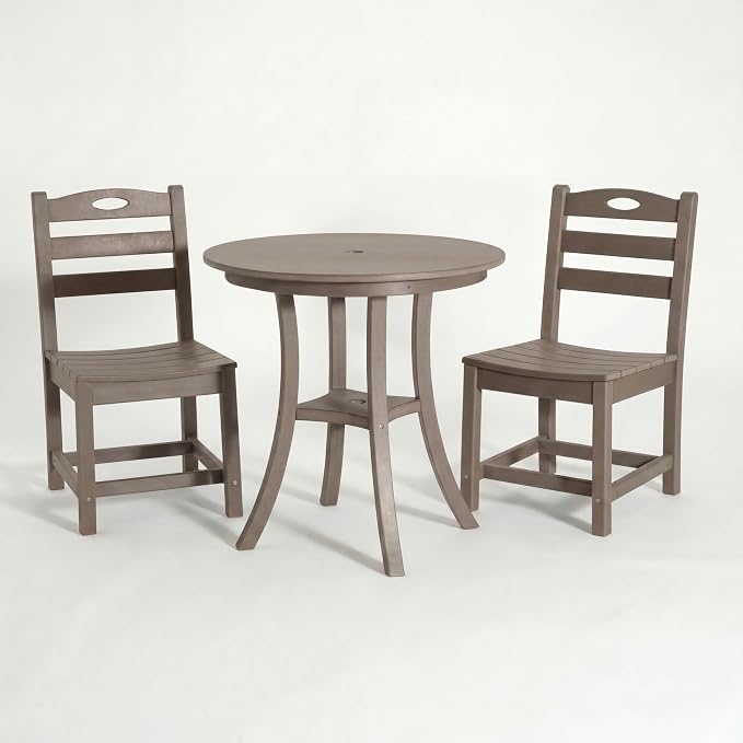 WILLIAMSPACE 29.72" 3-Piece Patio Dining Set, Outdoor All Weather HDPE Round Dining Table with Umbrella Hole & 2 Chairs, Patio Bistro Set for Backyard, Balcony, Lawn, Poolside, Kitchen (Brown)